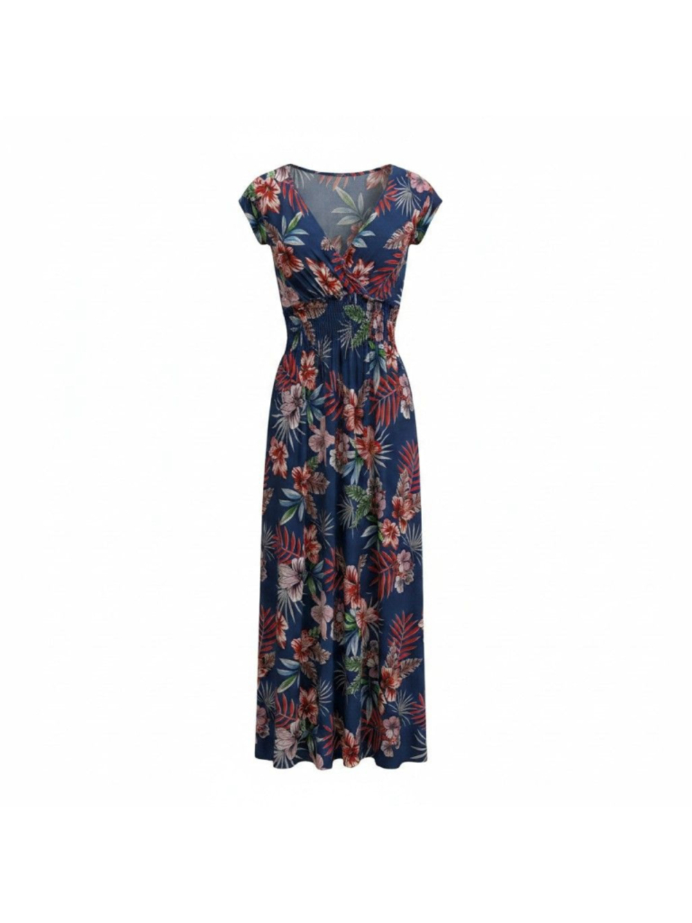 Blue Tropical Floral Maxi Dress Smocked Waist V-Neck Boho Summer Lightweight XXL